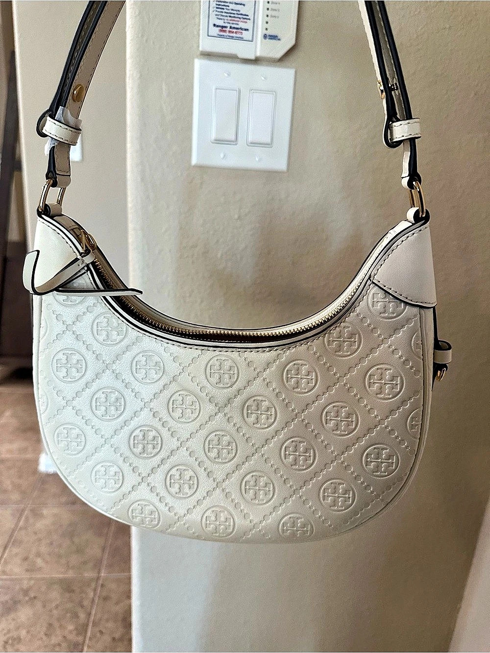 Tory Burch T Monogram Leather Crescent Shoulder Bag White